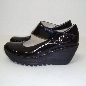 Fly London Yasi Black Patent Leather Mary Jane Wedge Shoe LIKE NEW!